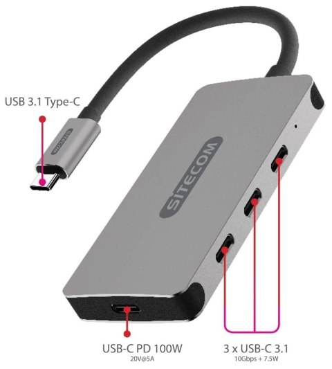 Hub Sitecom CN-386 USB-C 4 porty 10 Gbps