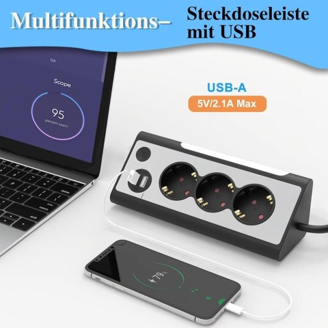 Listwa zasilająca 3 m, 3 gniazda z USB i lampką nocną LED