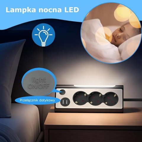 Listwa zasilająca 3 m, 3 gniazda z USB i lampką nocną LED