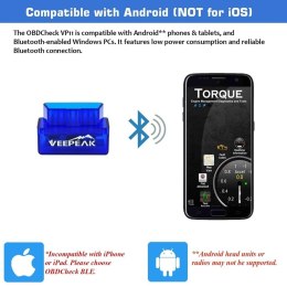 Veepeak Mini Bluetooth OBD2 Diagnoskop, czytnik i skaner kodów usterek, kompatybilny z iOS i Android