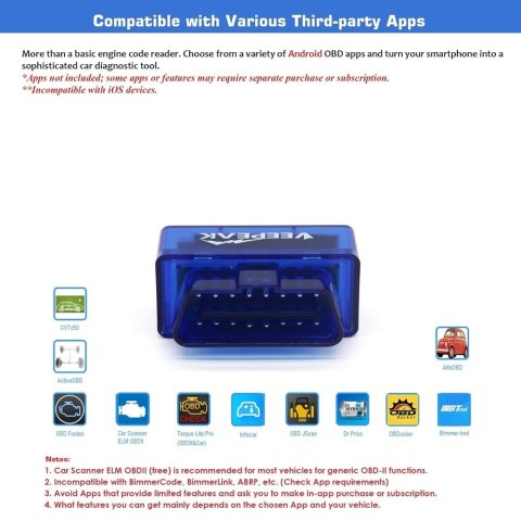 Veepeak Mini Bluetooth OBD2 Diagnoskop, czytnik i skaner kodów usterek, kompatybilny z iOS i Android